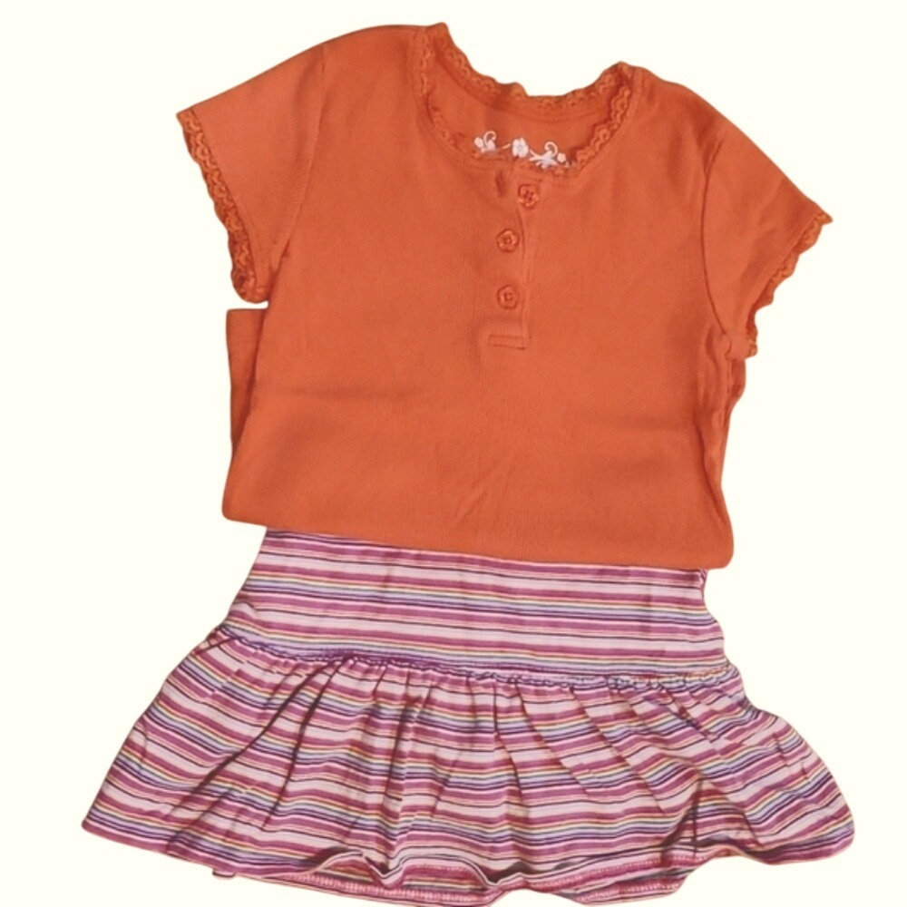 Children's Place‎ Girls Orange Ribbed Short Sleeve Shirt w Striped Skirt Size 5